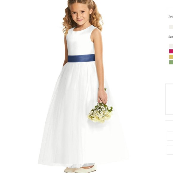 Dessy Flower Girl White Dress w Sailor Blue 2T